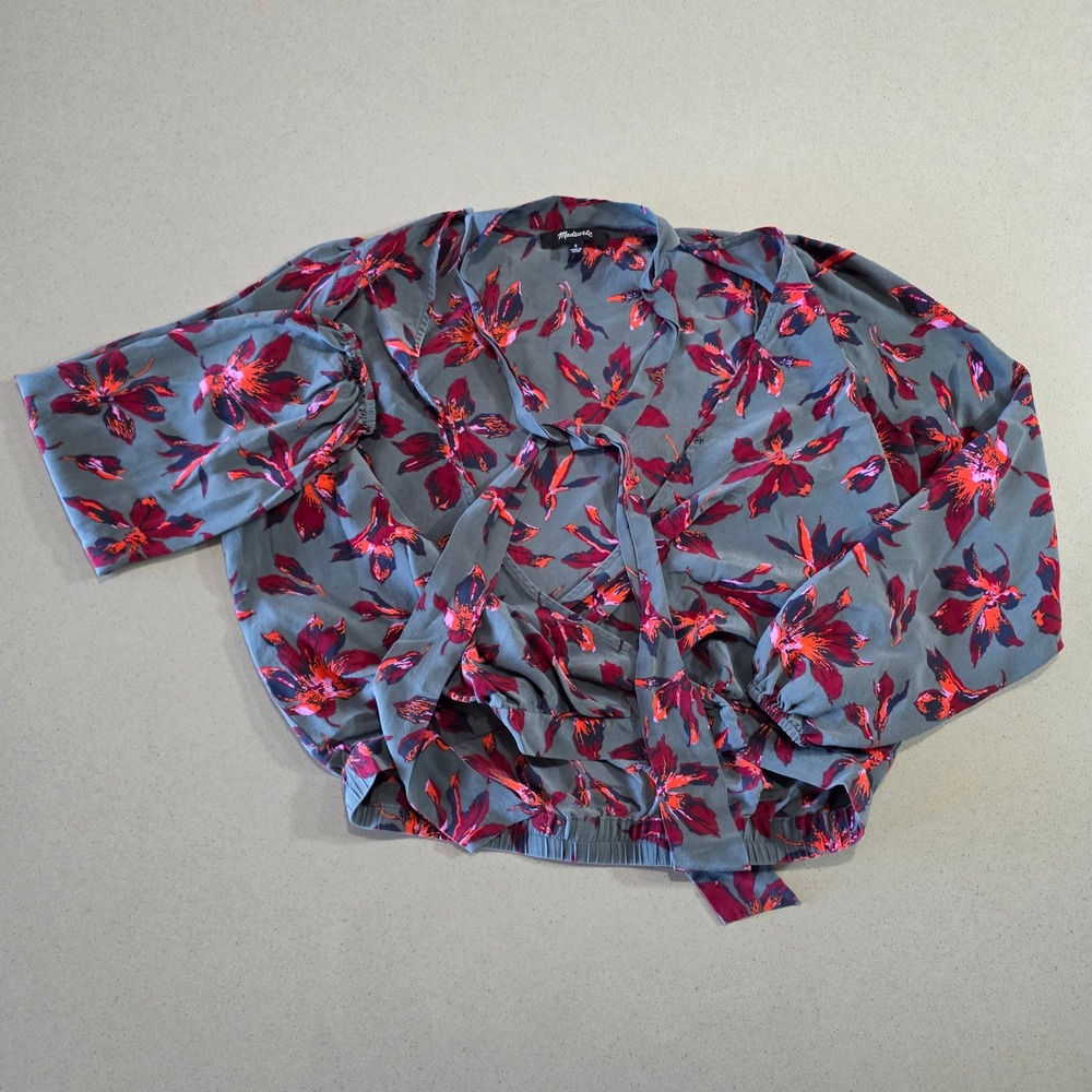 Madewell Floral Tie Front Wrap Top Grey Red Orange Size S Long Sleeve Cropped